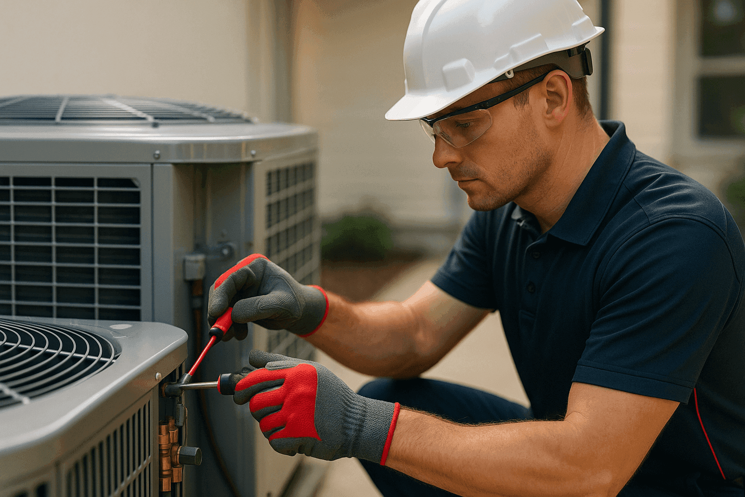 OSHA-compliant HVAC technician adjusting equipment at a clean residential or commercial worksite