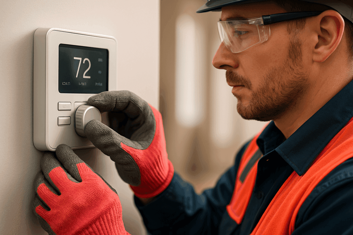 Gloved hands of HVAC technician adjusting modern thermostat in clean indoor setting